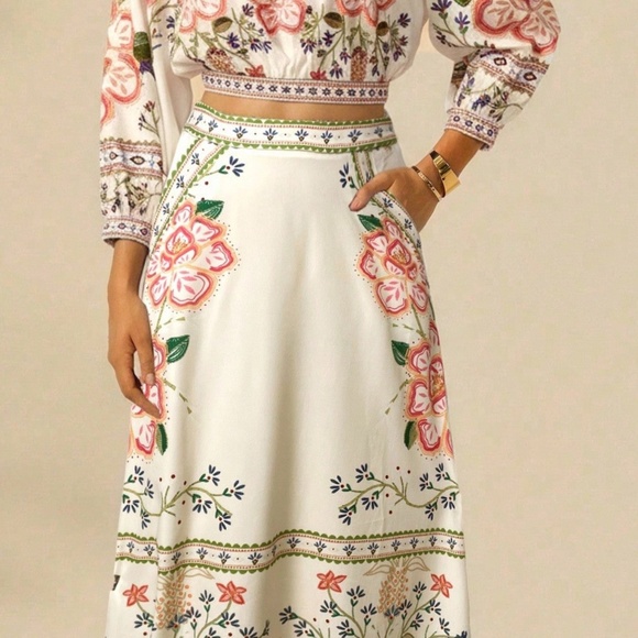 Boho Floral Print Stretchy Waist Pockets Midi Skirt - Picture 8 of 8